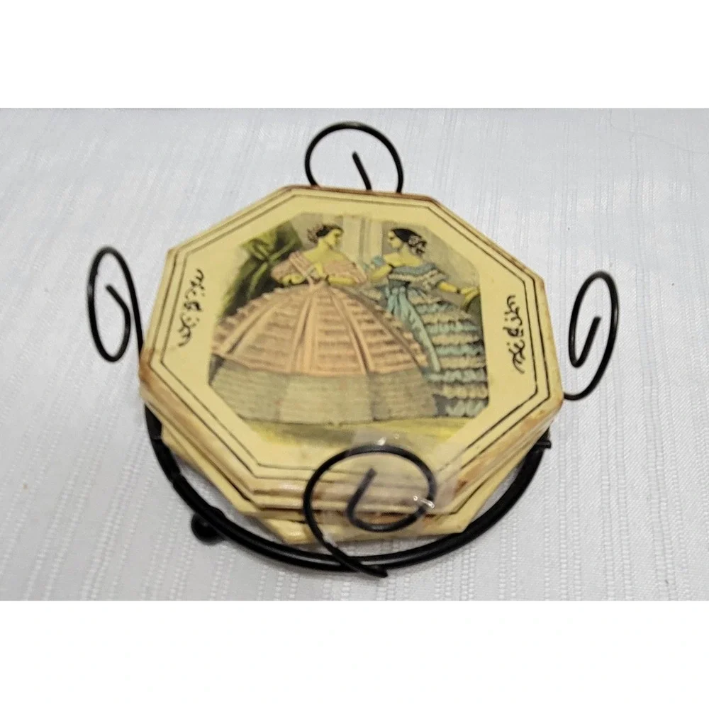 Coaster Set Vintage Victorian Fashion with Black Metal Caddy Octagon Shape